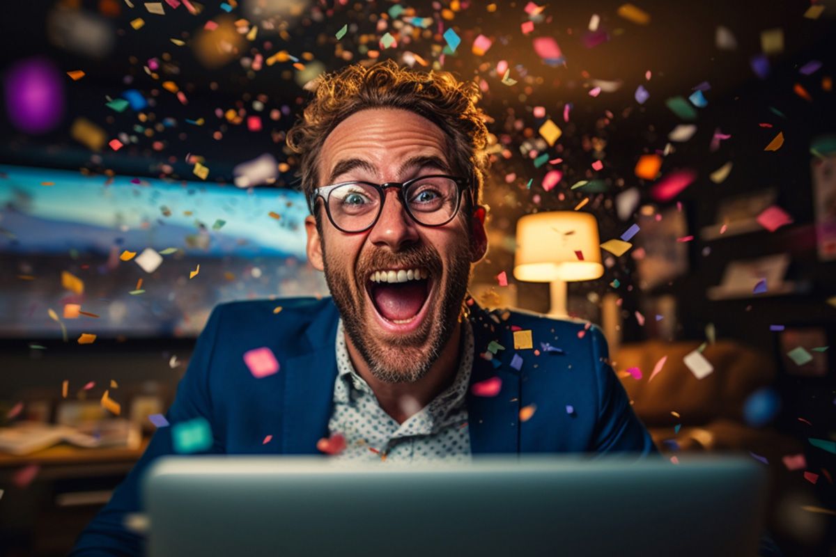 Toute l'équipe de Studio Low Cost vous présente ses Meilleurs Voeux 2024 ! homme content de son message téléphonique de voeux enregistré sur studio-lowcost.com