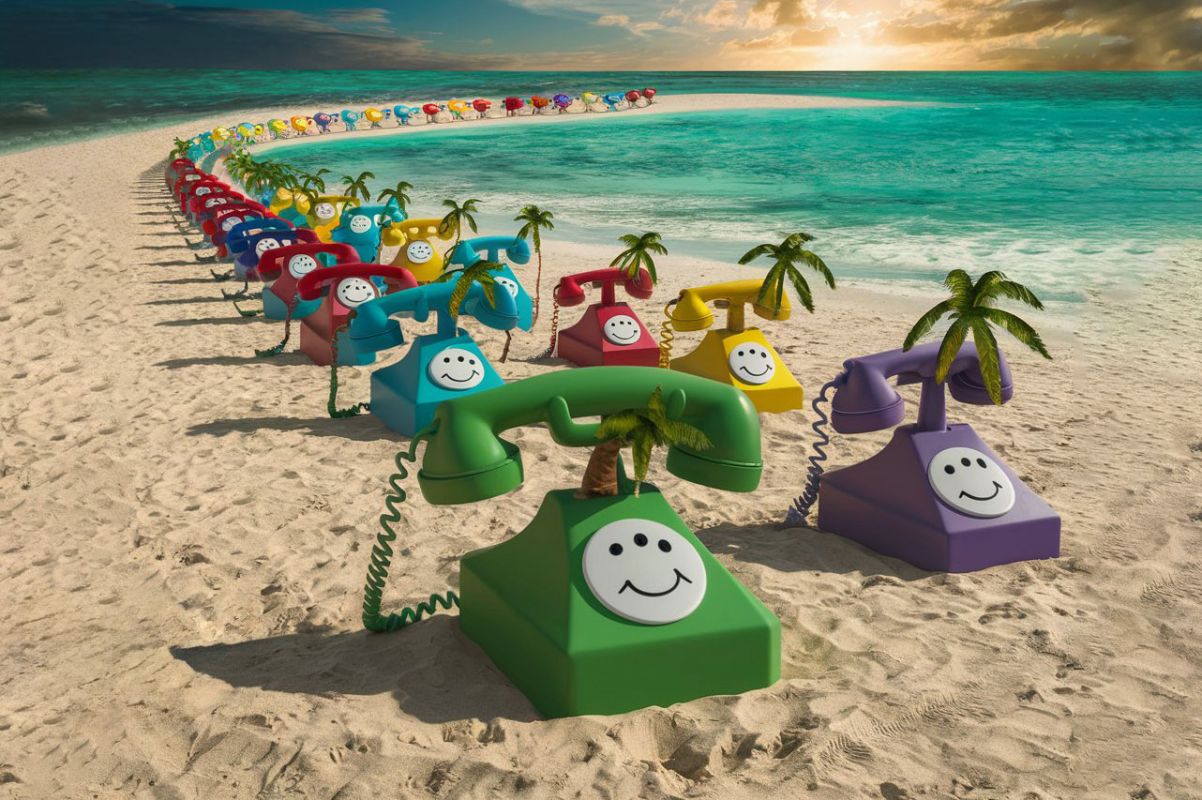 telephones colorés emoji sur la plage