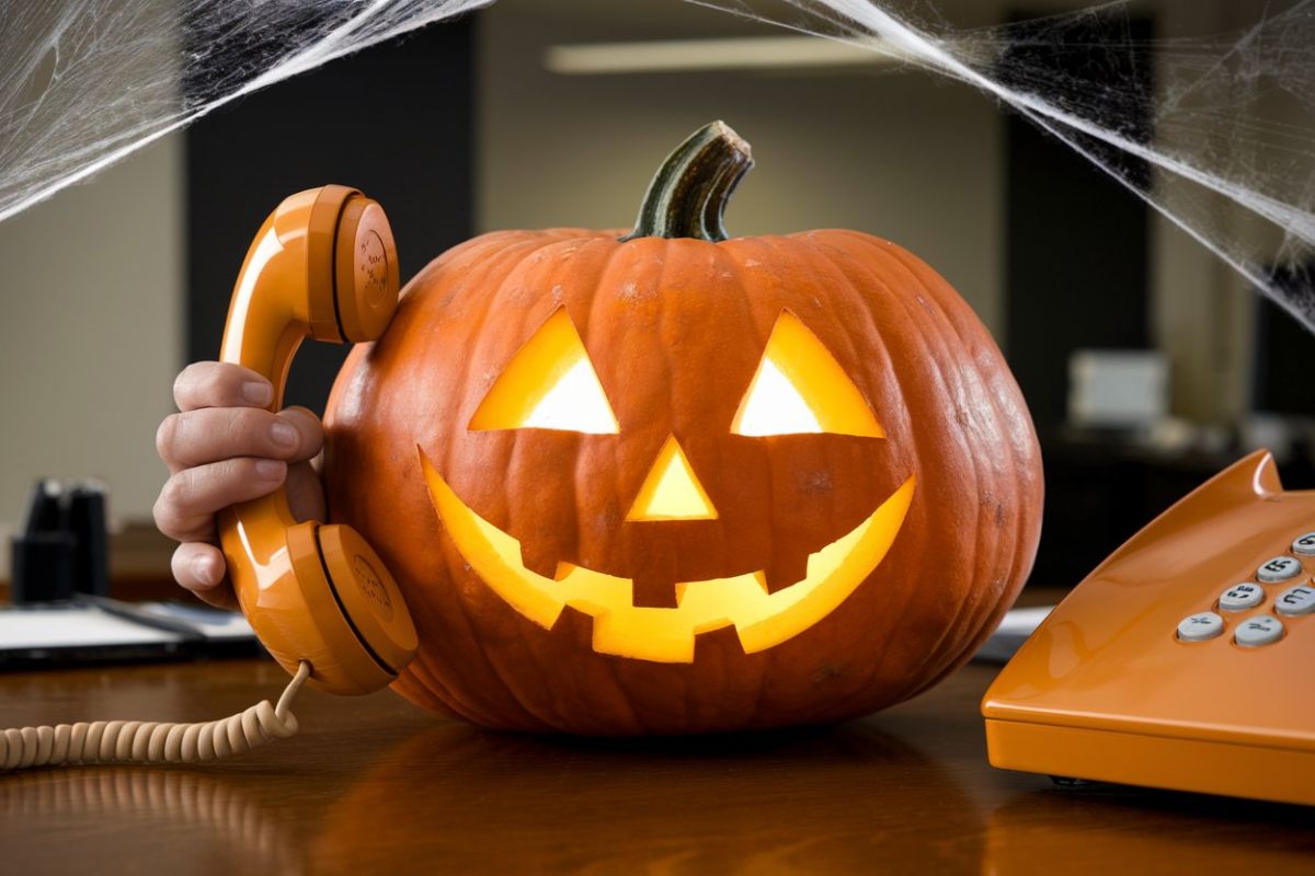 Dois-je personnaliser mon accueil téléphonique pour Halloween ? citrouille halloween avec un téléphone orange à la main dans son bureau