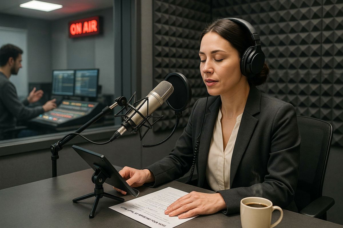voice over en studio en train d'enregistrer des messages téléphoniques pour la rentrée