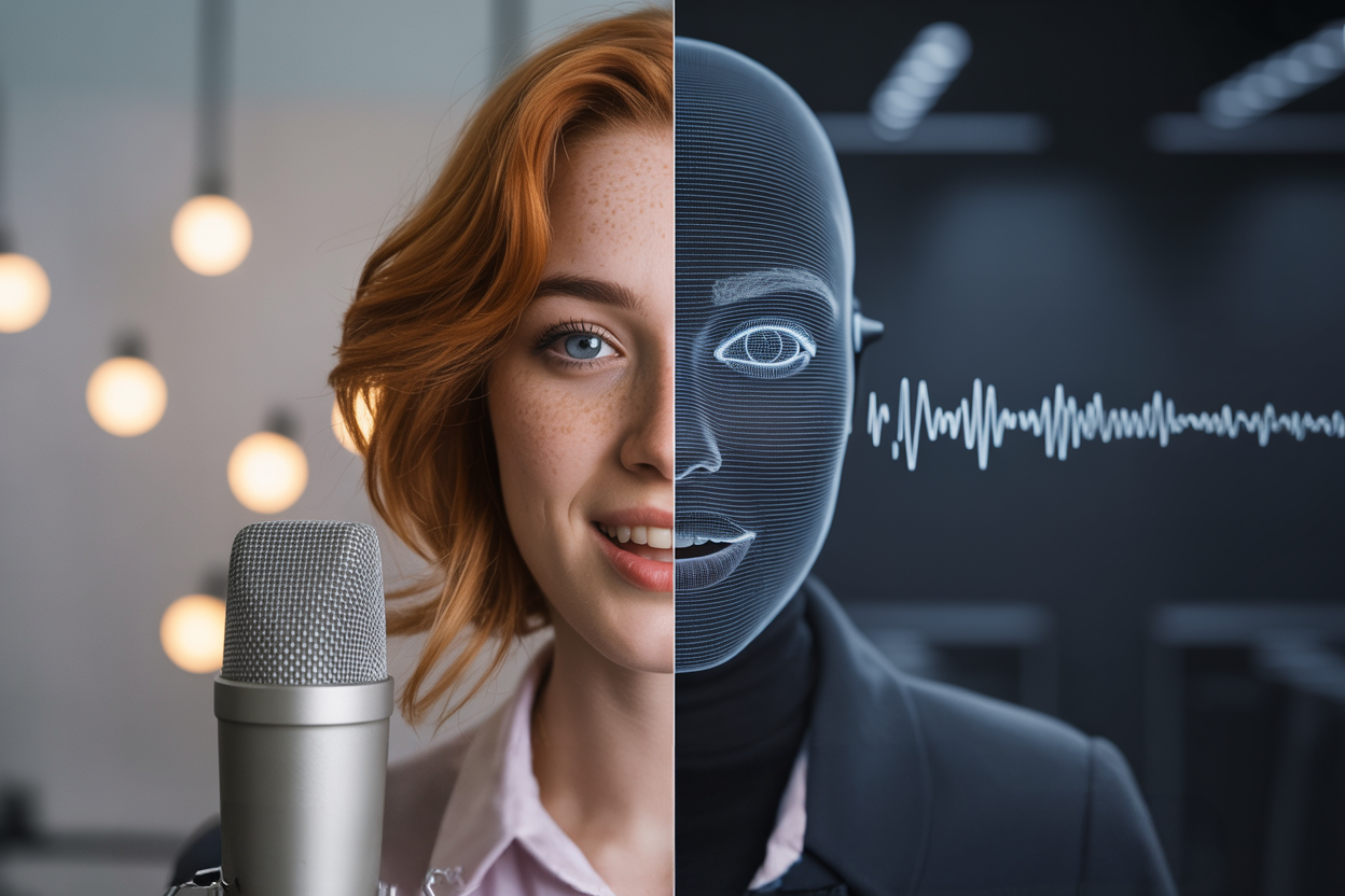 Voix humaine vs voix IA : peut-on vraiment faire la différence en 2025 ? femme et ia font de la voix off