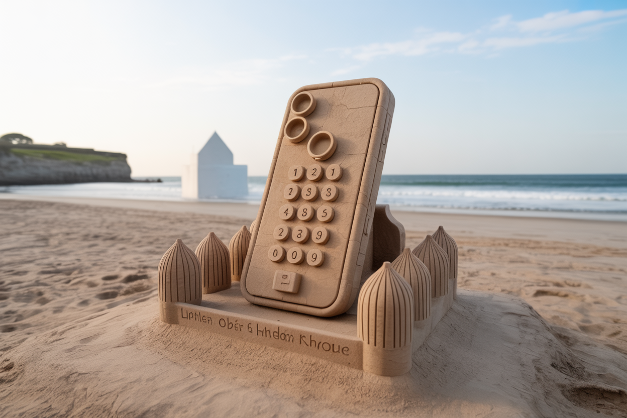 un telephone en chateau de sable sur la plage